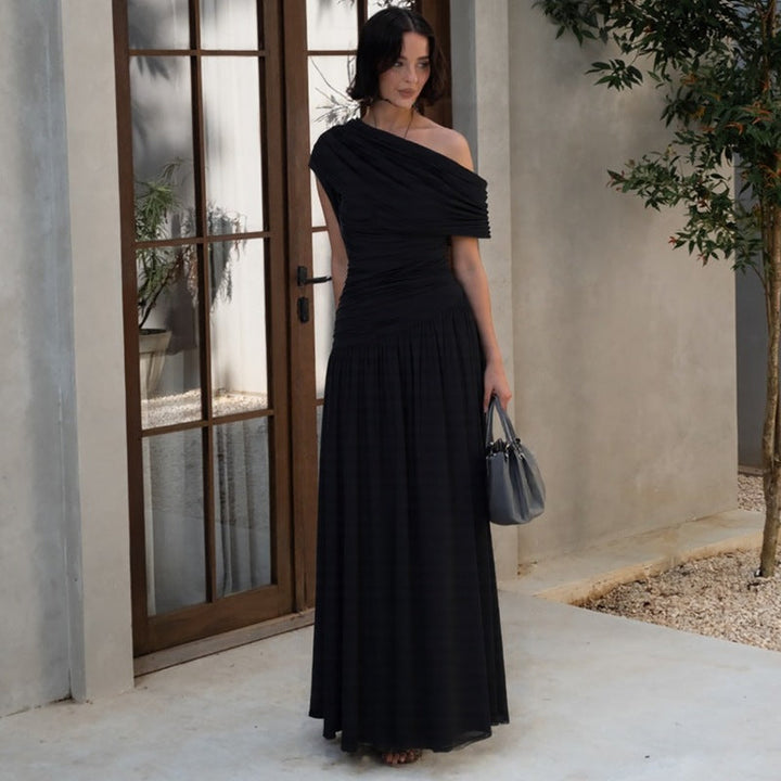 Damen Elegantes asymmetrisches Maxikleid mit Raffungen Drune