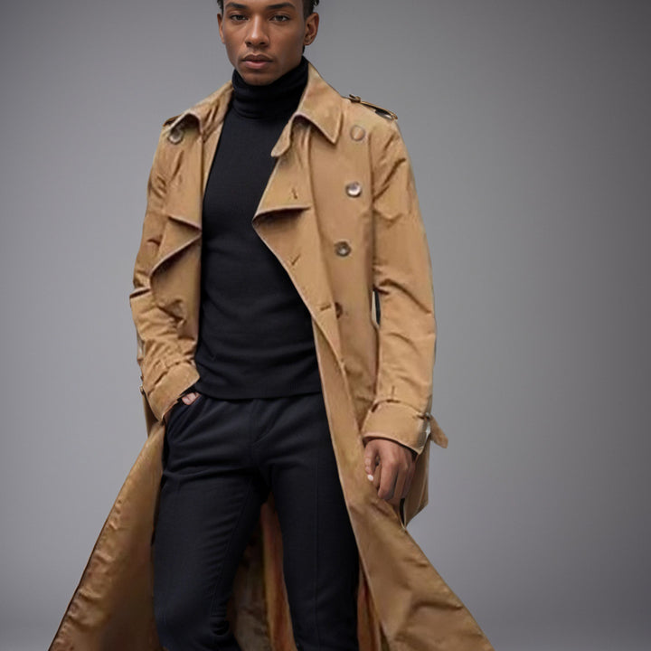 Herren eleganter Trenchcoat mit taillierbarem Gürtel und klassischen Details Drune