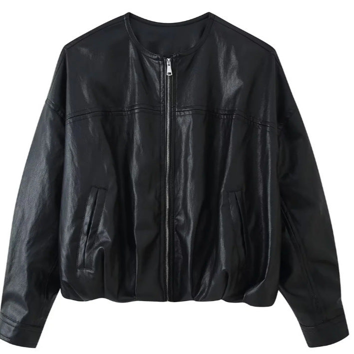 Damen Oversize Cropped Kunstleder‑Bomberjacke mit Rundhalsausschnitt und elastischem Saum Drune