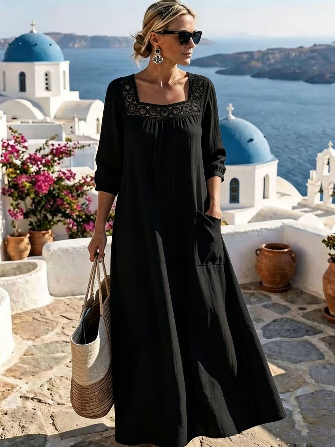 Damen Maxikleid mit gehäkeltem Quadrat-Ausschnitt, dreiviertel Ärmeln und Eingrifftasche Drune