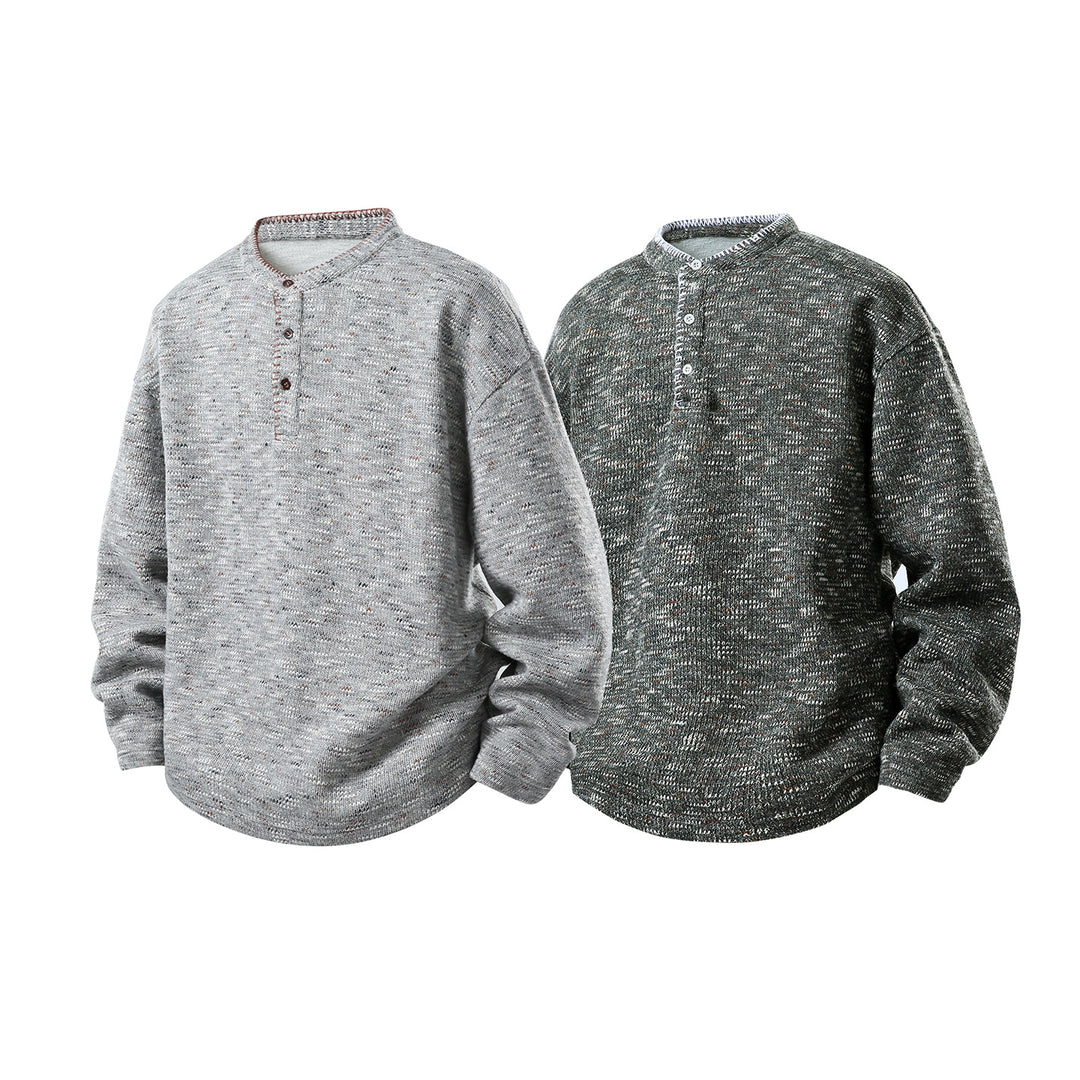 Herren Melierter Strick-Henley-Pullover mit Stehkragen, lockerer Passform und Knopfleiste Drune