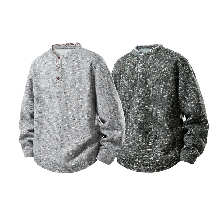 Herren Melierter Strick-Henley-Pullover mit Stehkragen, lockerer Passform und Knopfleiste Drune