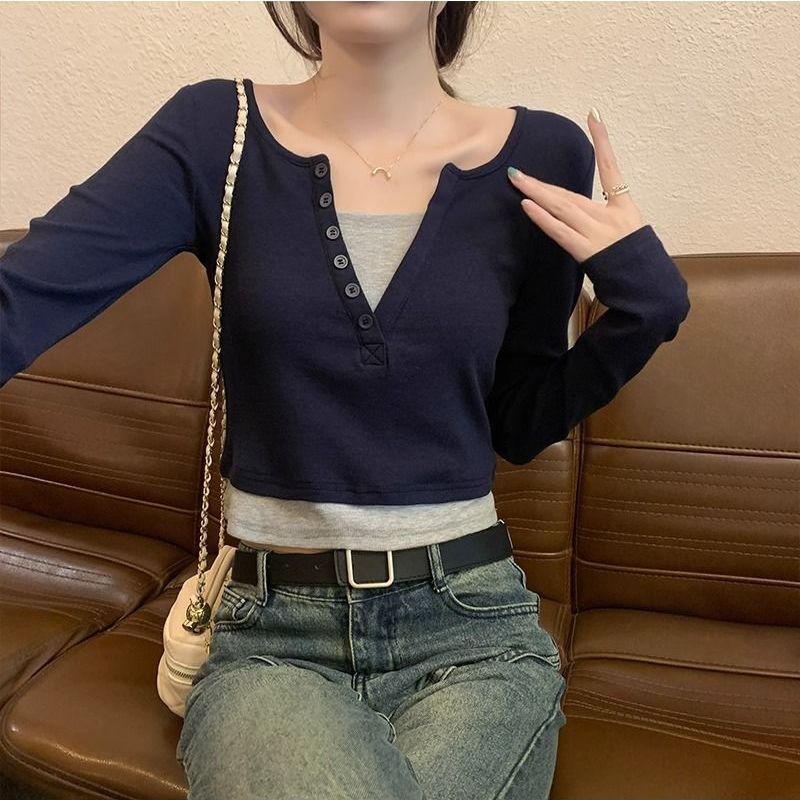 Damen Langarmshirt mit Knopfleiste und Rundhalsausschnitt Drune