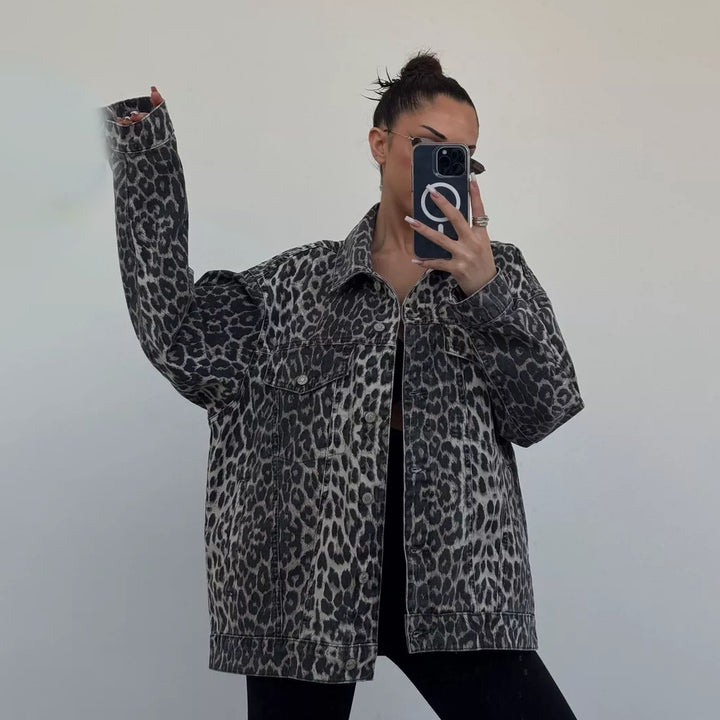 Damen Oversize-Jeansjacke mit Leopardenprint und aufgesetzten Brusttaschen Drune