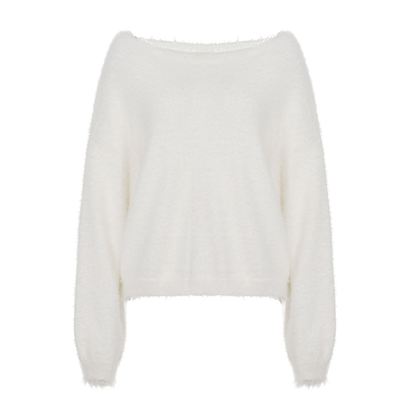 Damen nan oversized flauschiger Mohair-Blend Off-Shoulder Pullover mit Balloon-Ärmeln Drune