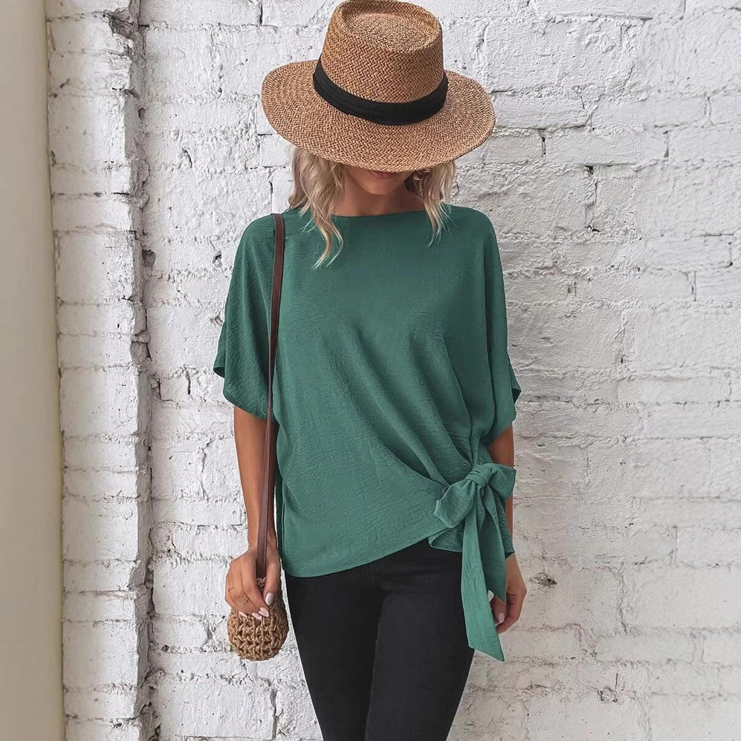 Damen Oversize Kurzarm-Top mit seitlicher Schleife und Crinkle-Struktur Drune