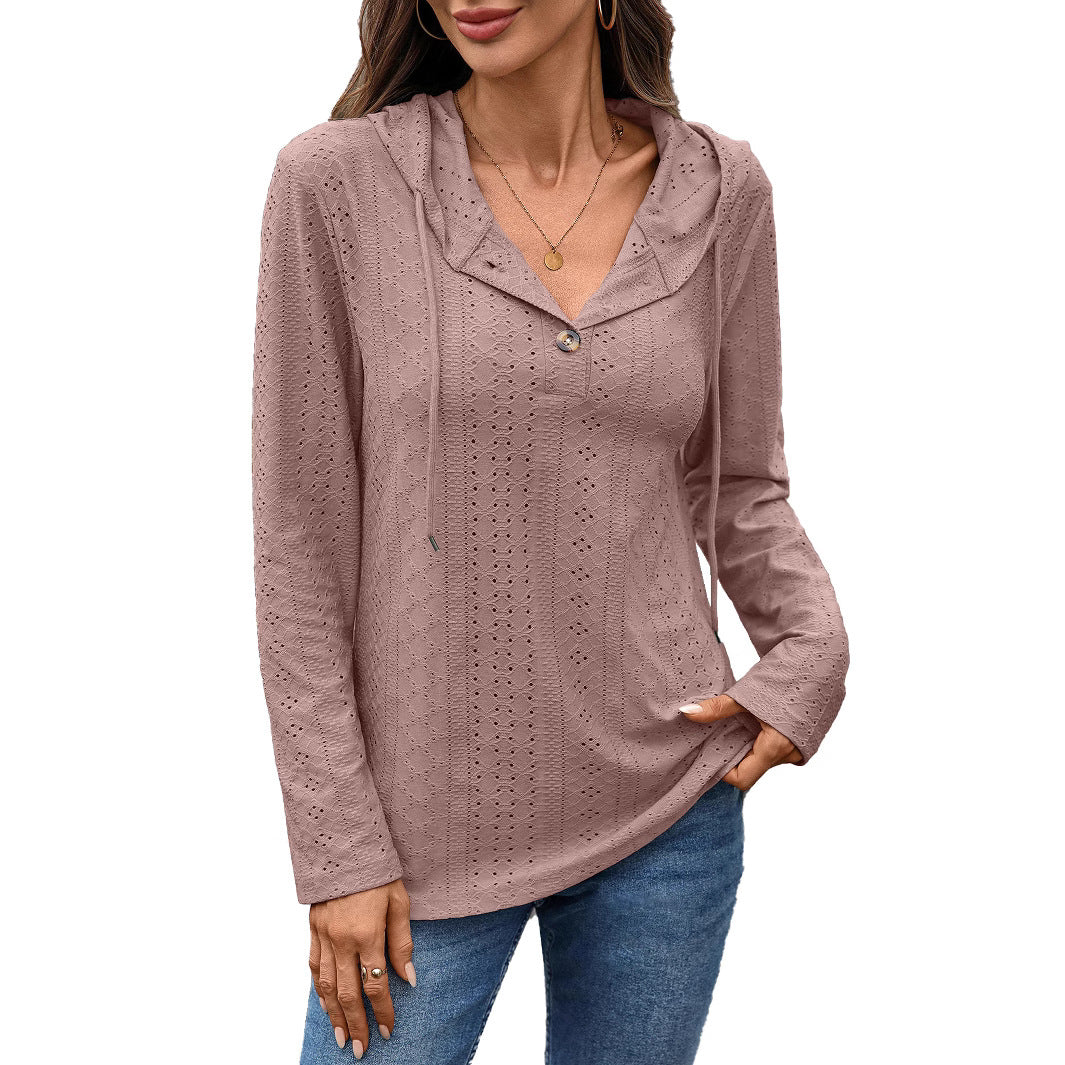 Damen Blusenshirt mit feinem Lochmuster und Kapuze Drune