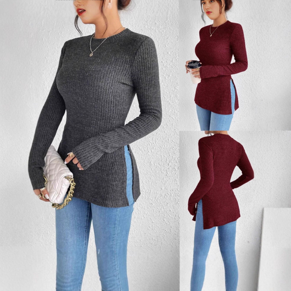 Damen Gerippter Taillierter Feinstrick-Pullover mit Stehkragen, langen Ärmeln und Seitenschlitzen Drune