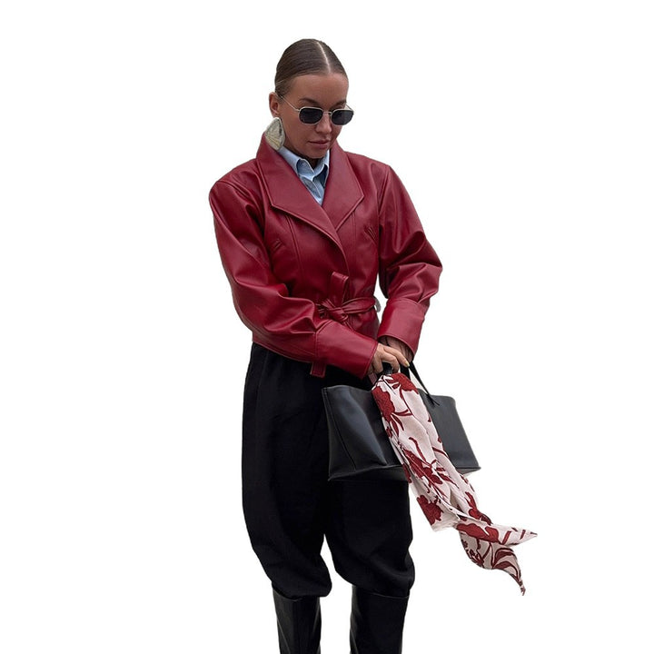 Damen modische Kunstlederjacke mit Gürtel und steigendem Kragen Drune