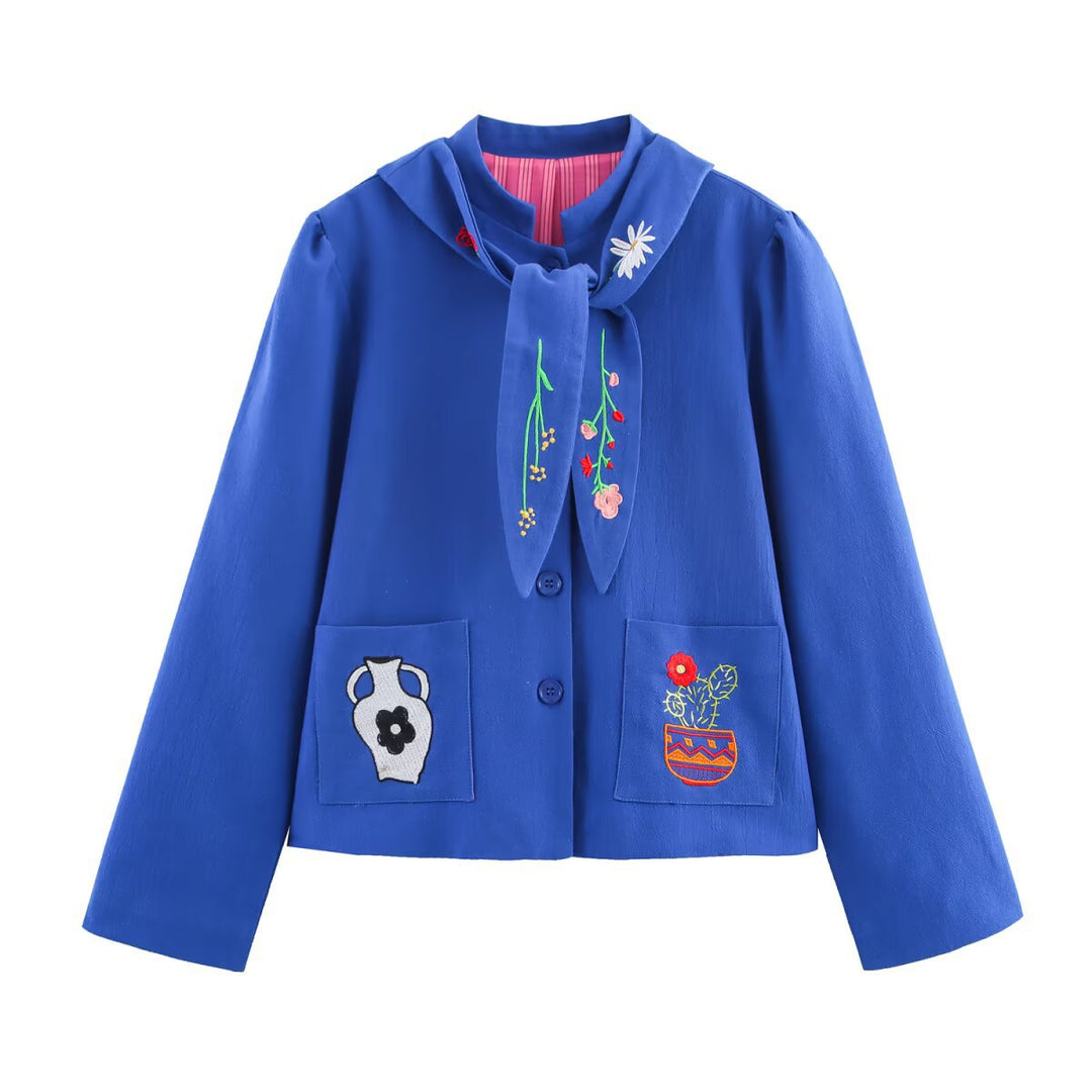 Damen modische Jacke mit kunstvollen Stickereien und Taillenknoten Drune