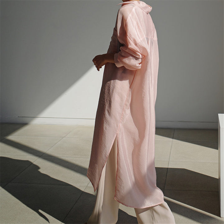 Damen Weites Oversize-Hemdblusenkleid mit Brusttasche und hohen Seitenschlitzen Drune