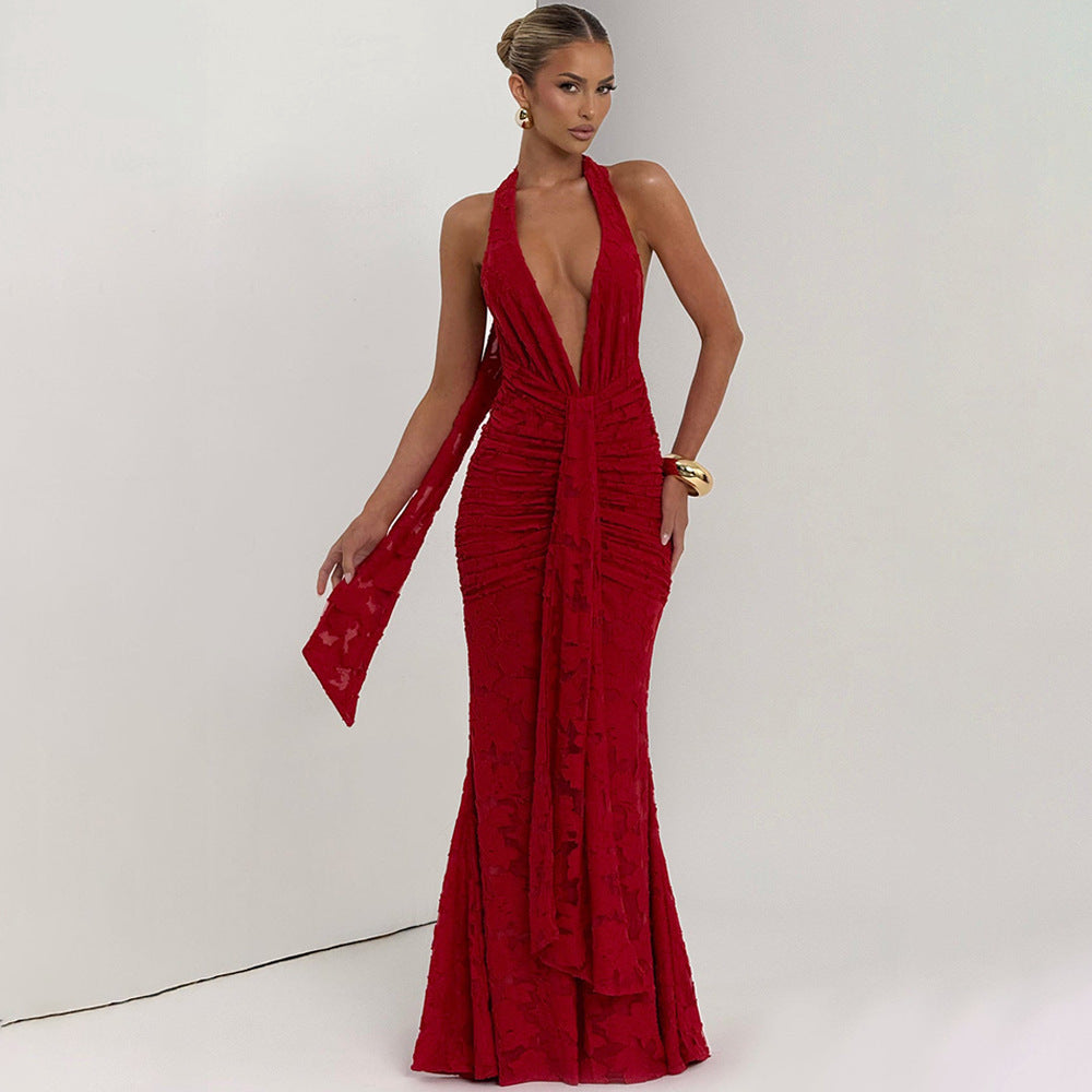 Damen Elegantes Maxikleid mit tiefem V-Ausschnitt und strukturierter Raffung Drune