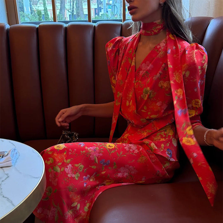 Damen Wickel-Maxikleid mit floralem Print, Puffärmeln und Schalkragen Drune