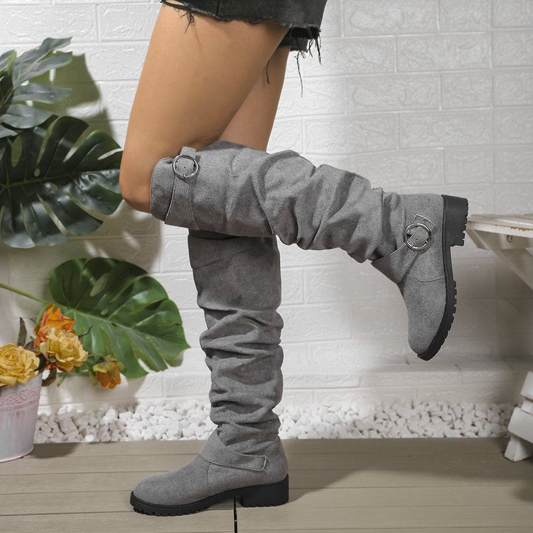 Damen Overknee-Stiefel aus weichem Wildleder mit dekorativem Schnallen-Detail Drune