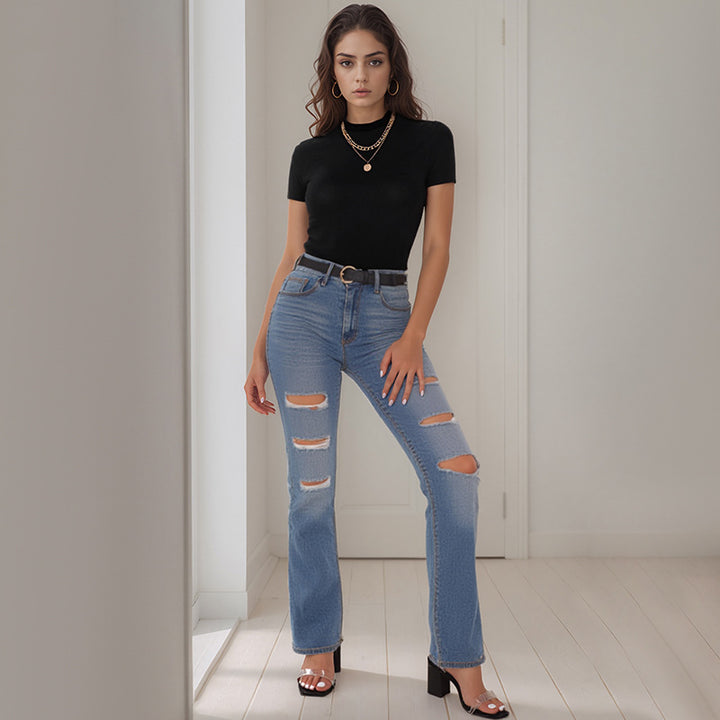 Damen High-Waist Straight-Jeans mit Destroyed-Kniepartie und schmaler Hüftpassform Drune