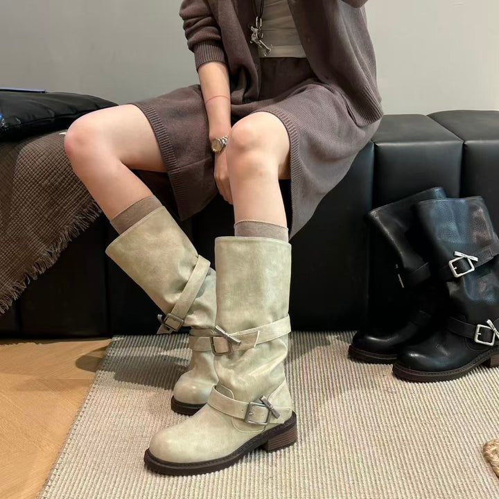 Damen modische Stiefel mit verstellbaren Riemen und komfortablem Blockabsatz Drune