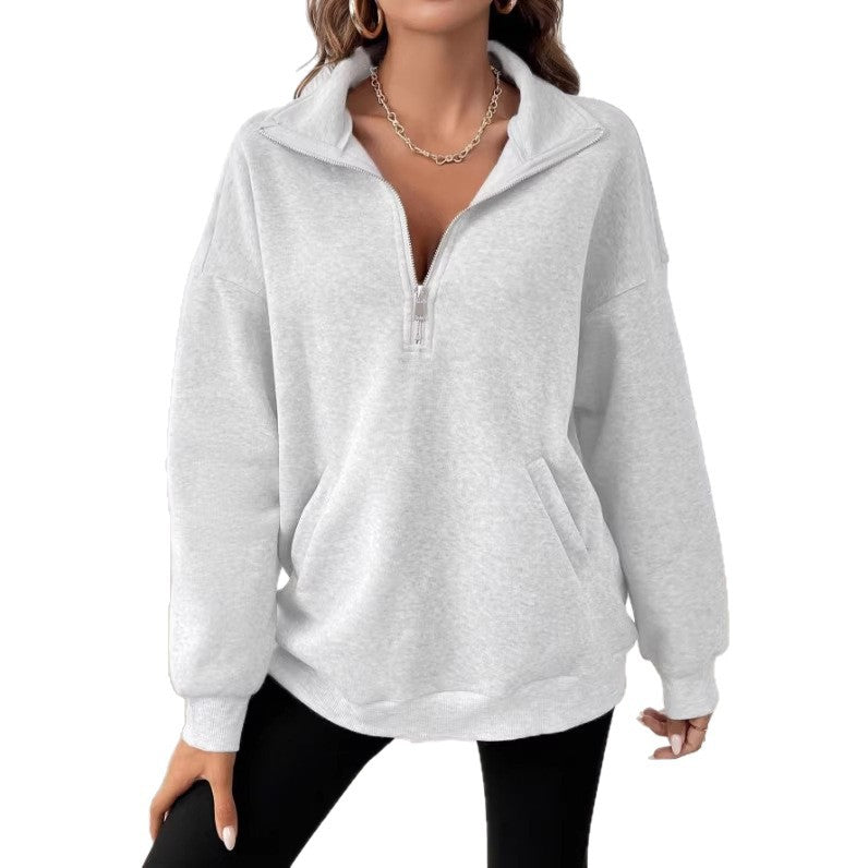 Damen Oversize Sweatshirt mit halbem Reißverschluss, Kängurutasche und Stehkragen Drune
