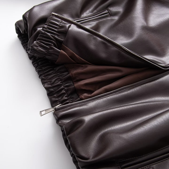 Damen Oversized Kunstleder-Blousonjacke mit Kragen, Reißverschluss und elastischem Saum Drune