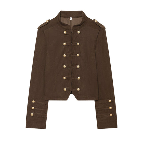 Damen nan taillierte Military-Jacke im Cord-Look mit Stehkragen und goldfarbener Zierknopfleiste Drune