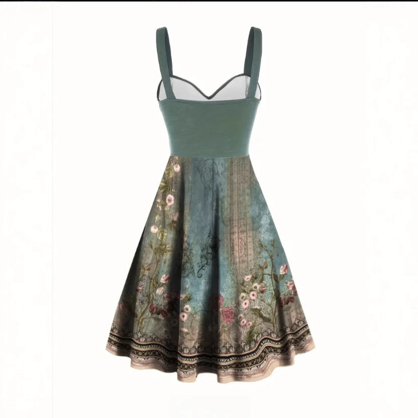 Damen A-Linien Kleid mit floralem Design und Zierknöpfen Drune