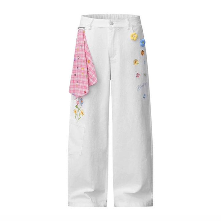 Damen Weite High‑Waist Denim‑Palazzo‑Jeans mit Blumenstickerei, Cargo‑Tasche und Tuchdetail Drune