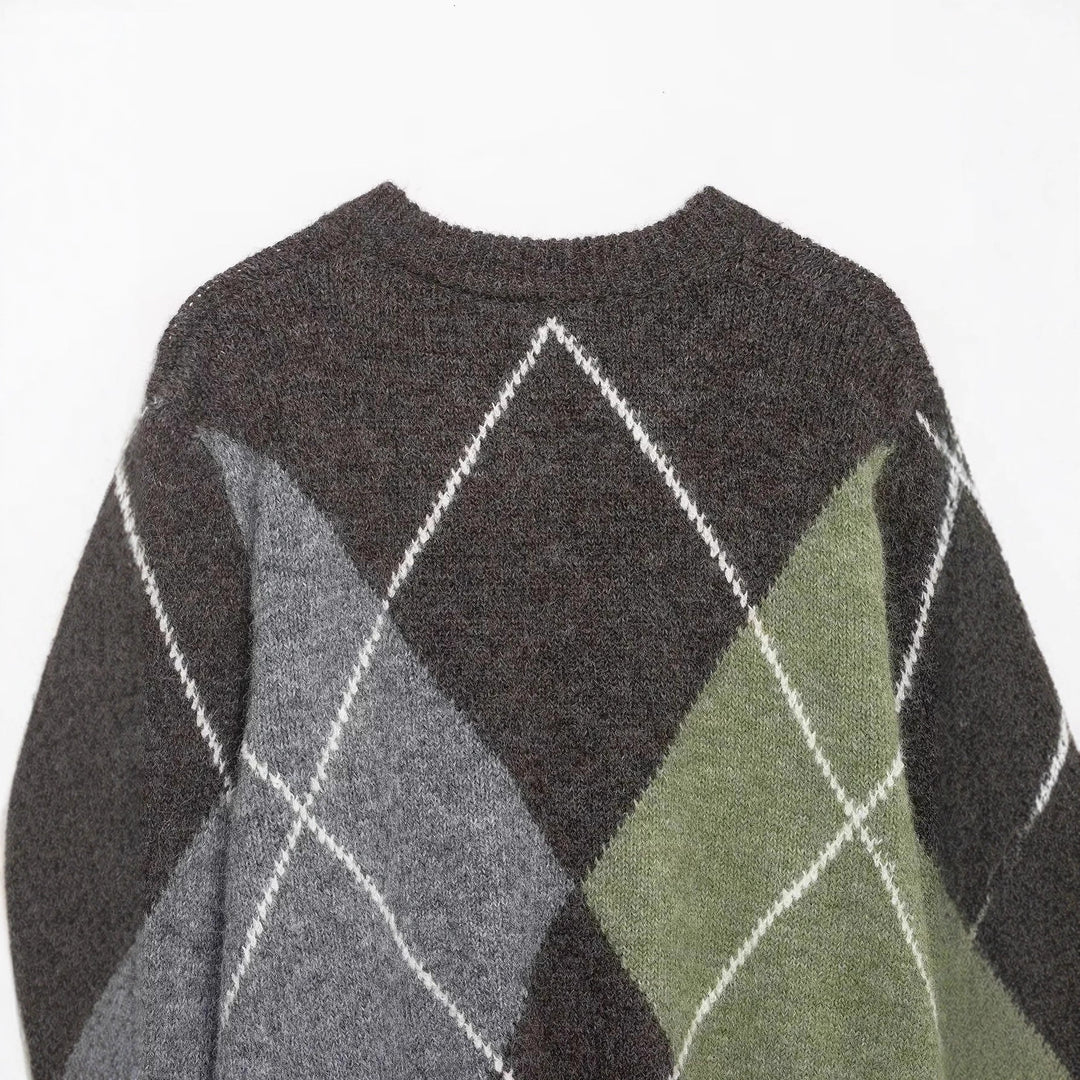 Damen nan großkaro Strickpullover mit Rundhals, oversized Passform und geripptem Saum Drune