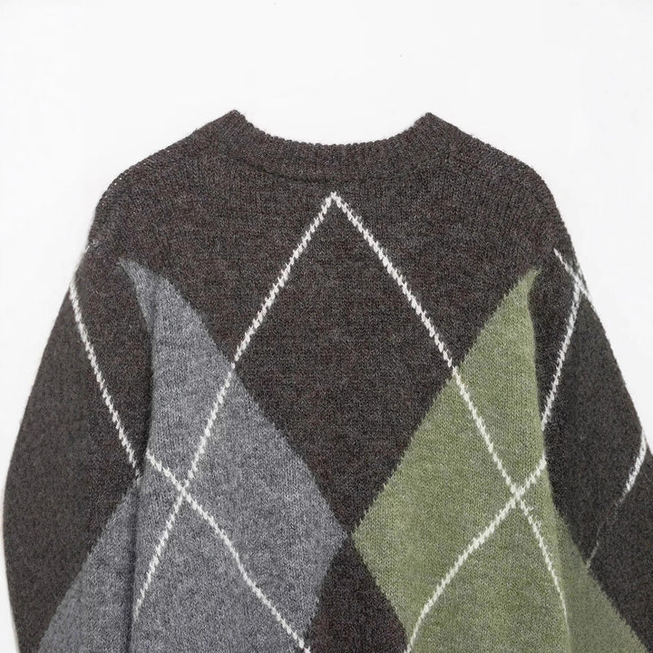 Damen nan großkaro Strickpullover mit Rundhals, oversized Passform und geripptem Saum Drune