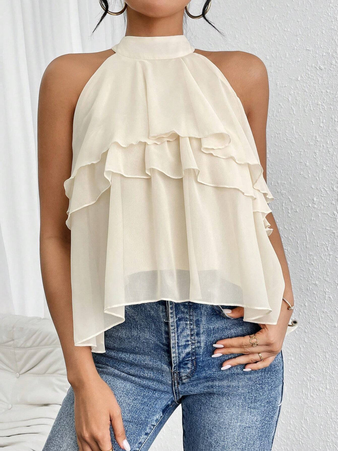 Damen Luftiges Chiffon-Top mit Stehkragen und mehrlagigen Volants Drune