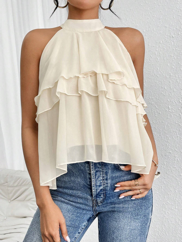 Damen Luftiges Chiffon-Top mit Stehkragen und mehrlagigen Volants Drune