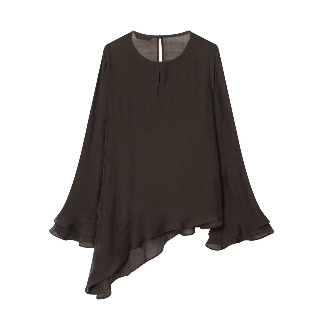 Damen 50+ mehrlagige Volant‑Bluse mit asymmetrischem Saum und Glockenärmeln Drune