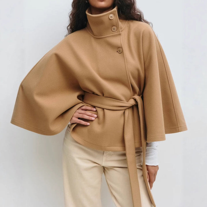 Damen moderne Cape-Jacke mit abnehmbarem Gürtel und hohem Kragen Drune