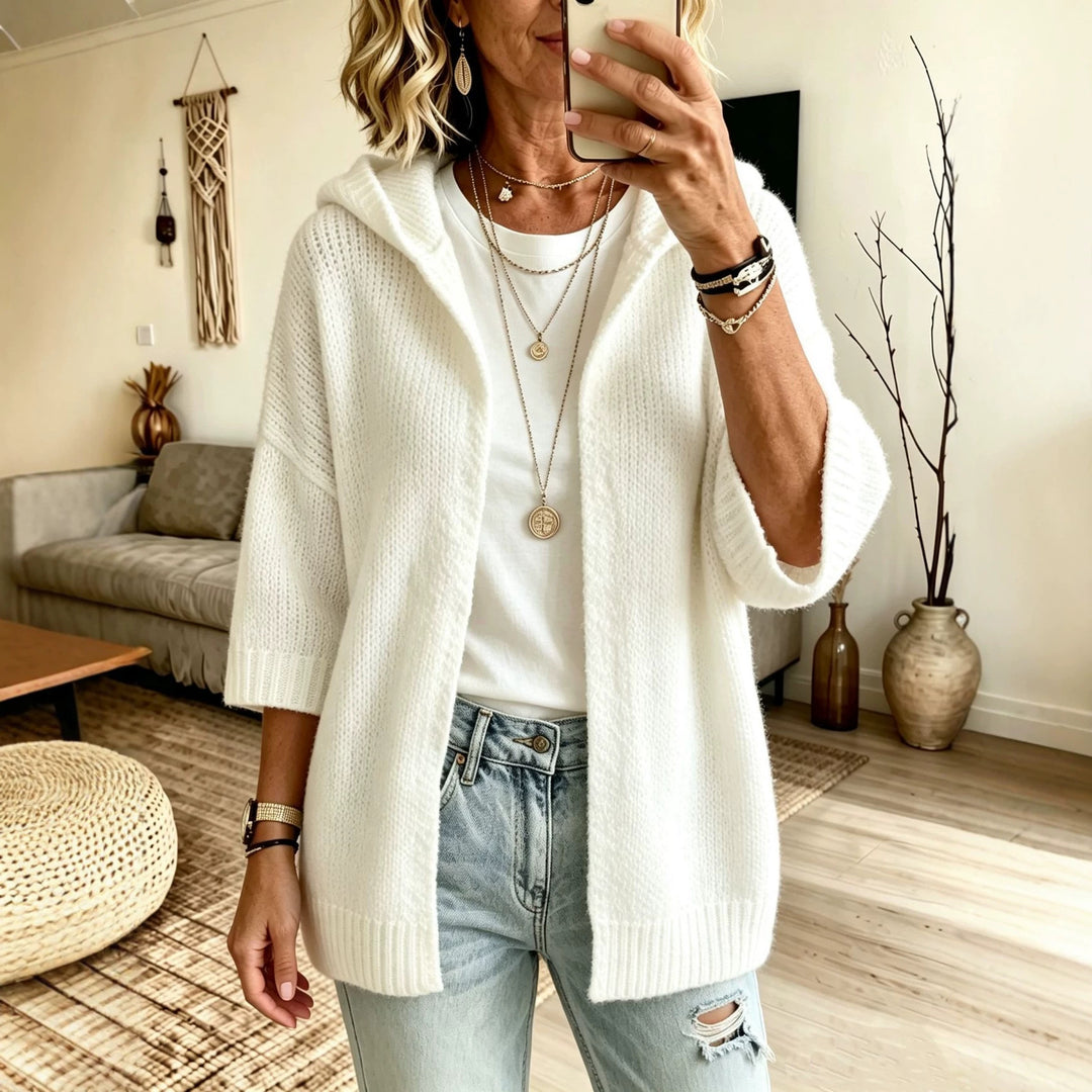 Damen Kapuzen-Longcardigan aus grobem Strick mit 3/4-Ärmeln und offener Front Drune
