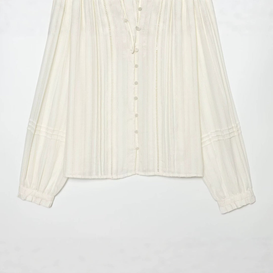 Damen Plissierte Bluse mit Rüschenkragen, Knopfleiste und Schleifenband Drune