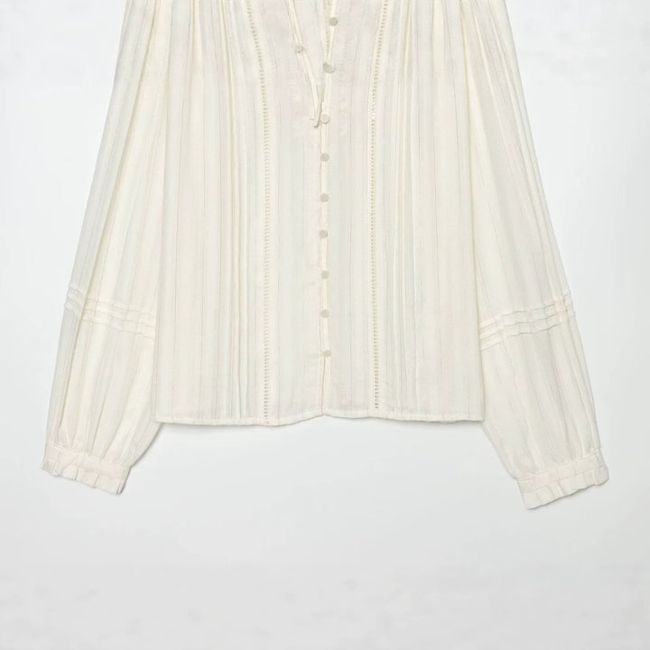 Damen Plissierte Bluse mit Rüschenkragen, Knopfleiste und Schleifenband Drune