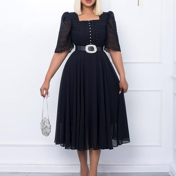 Damen Maxikleid mit dekorativem Spitzenoberteil und Taillengürtel Drune