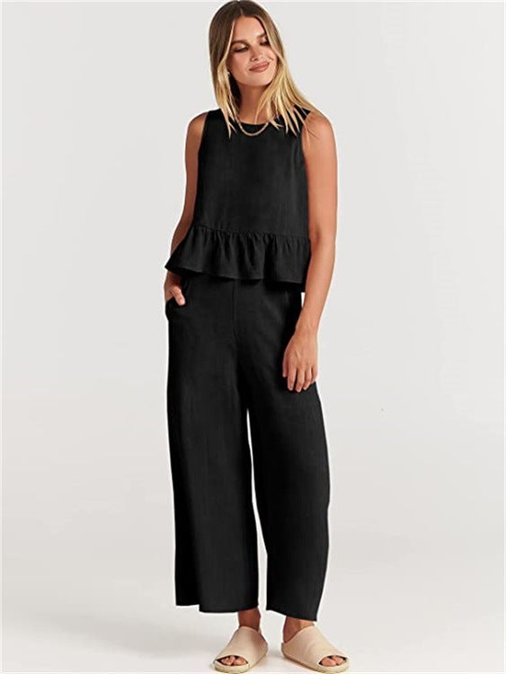Damen Zweiteiler-Set mit schickem Peplum-Oberteil und weit geschnittenen Hosen Drune