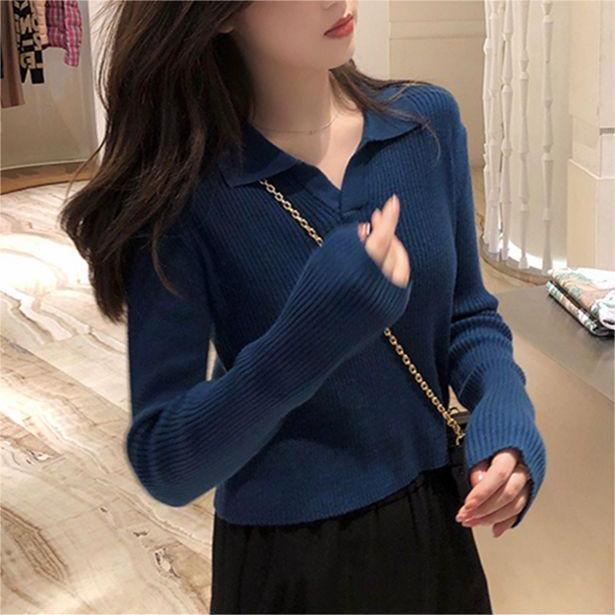 Damen lässiger Polo-Pullover mit feinen Rippstrukturen Drune