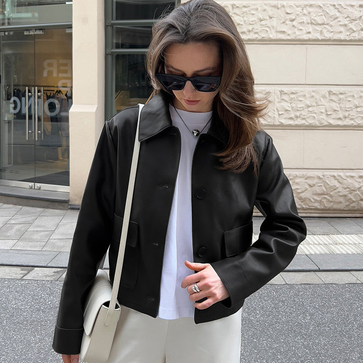 Damen Modische Lederjacke im eleganten Cropped-Schnitt mit praktischen Taschen Drune