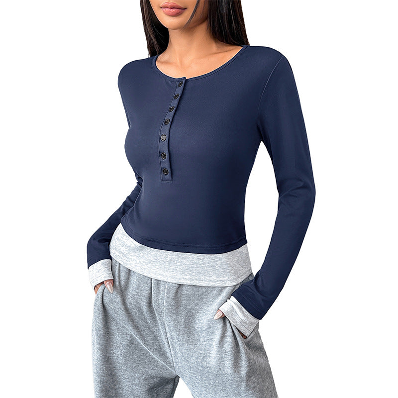 Damen Langärmeliges Crop-Shirt mit Henley-Knopfleiste, Figurbetonter Stretch-Passform und Daumenloch Drune