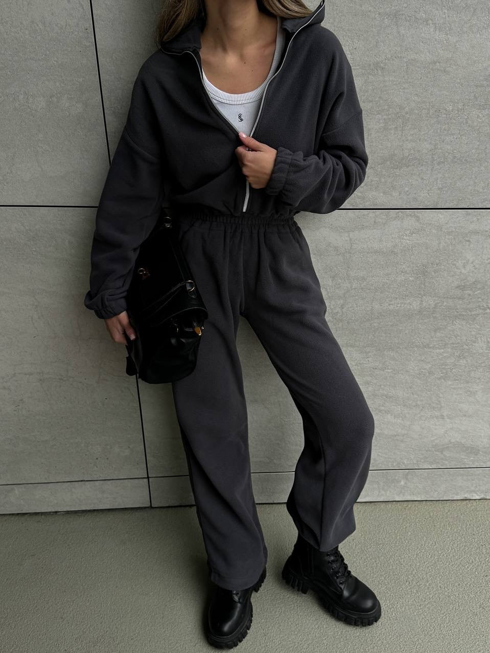 Damen Lässiger Fleece-Hausanzug mit Zip-Kapuze und elastischem Taillenbund Drune