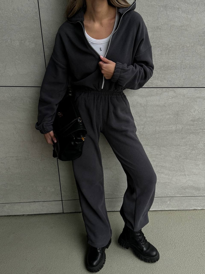 Damen Lässiger Fleece-Hausanzug mit Zip-Kapuze und elastischem Taillenbund Drune