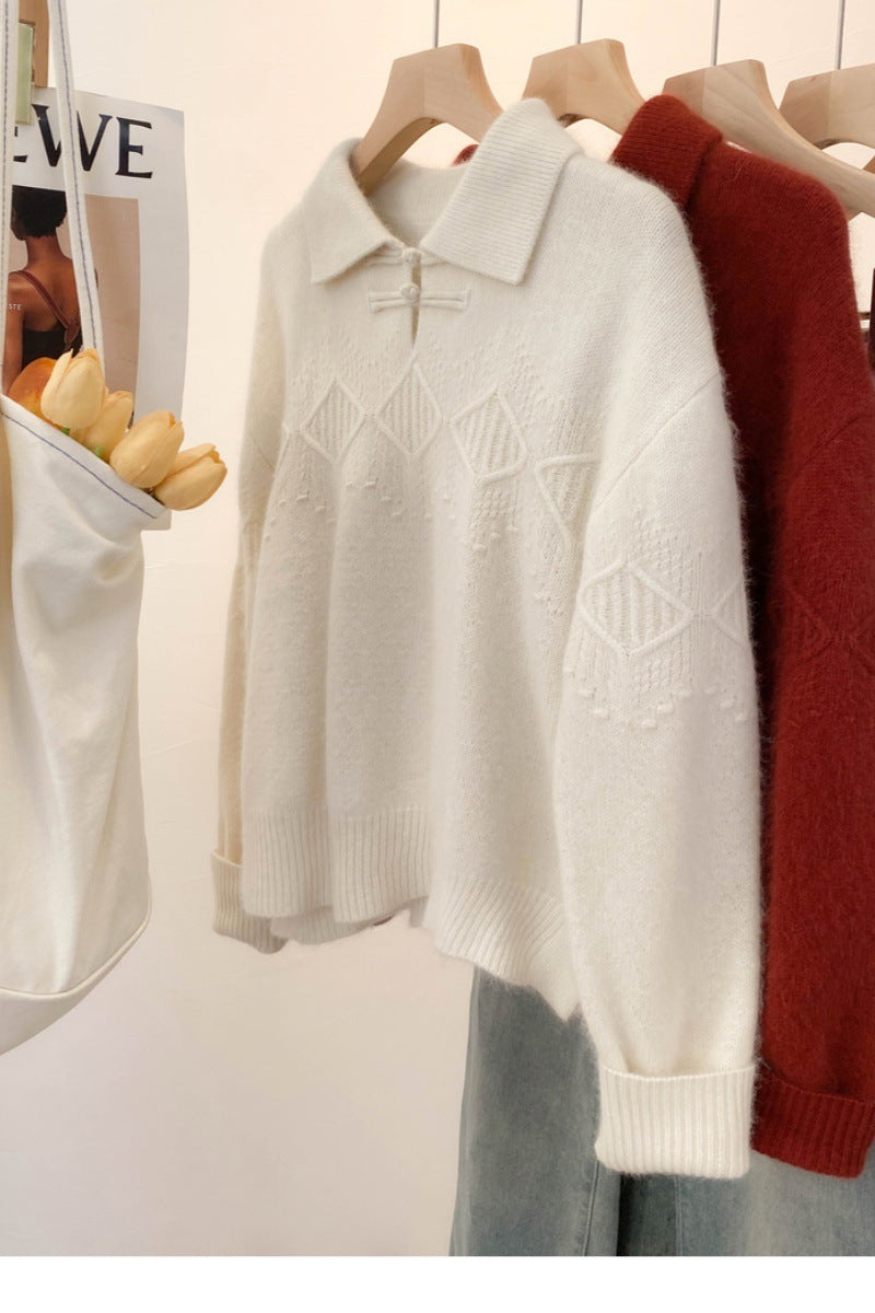 Damen Polokragen-Pullover im Mohair‑Look mit Ajour‑Zopfmuster, überschnittener Schulter und weiter Silhouette Drune