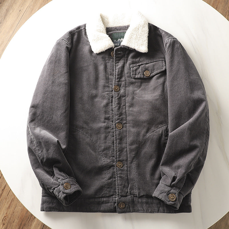 Herren nan gefütterte Cordjacke mit Teddykragen, Knopfleiste und aufgesetzten Taschen Drune