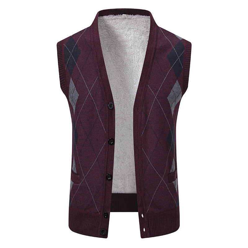 Herren nan ärmellose Strickweste mit Argyle-Muster, Teddyfutter und durchgehender Knopfleiste Drune