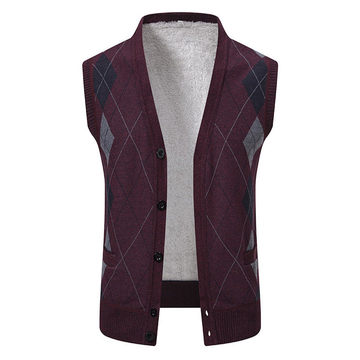 Herren nan ärmellose Strickweste mit Argyle-Muster, Teddyfutter und durchgehender Knopfleiste Drune
