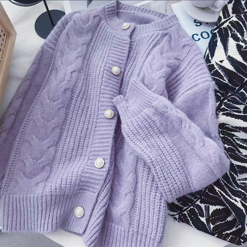 Damen Kuscheliger Strickcardigan mit Perlenknopfdetails und Zopfstruktur Drune