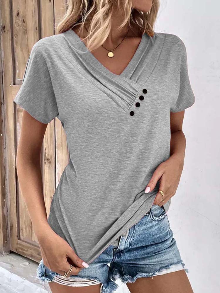 Damen Verspieltes V-Ausschnitt T-Shirt mit raffinierten Knopfdetails Drune