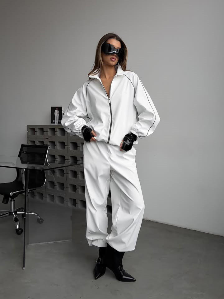 Damen Zweiteiliges Loungewear-Set mit Stehkragen-Zipjacke und weiter Bundfaltenhose Drune