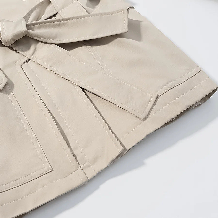 Damen nan kastige Kurzmanteljacke mit überlappendem Schalkragen Bindegürtel und Druckknopfleiste Drune