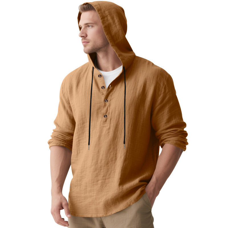 Herren nan lässiges Kapuzen-Henley Leinenmix Overshirt mit Kordelzug Drune